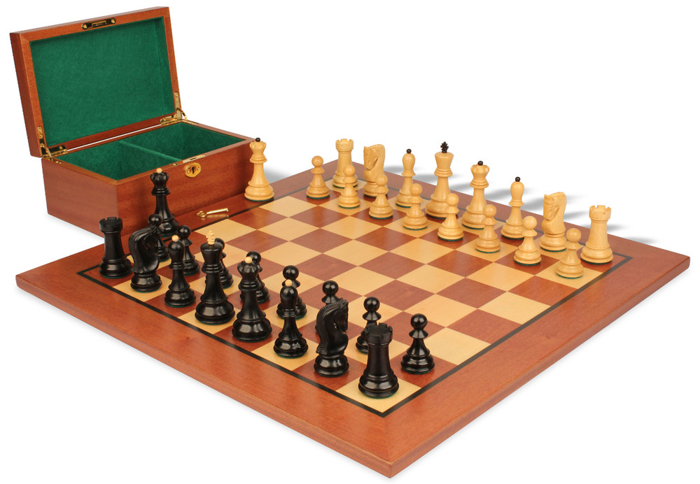 Zagreb Series Chess Set - Ebonized & Boxwood Pieces - Mahogany Classic Chess Board & Box - 3.25" King